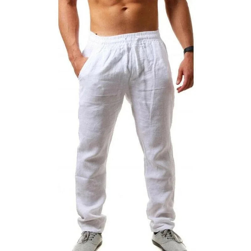 Men's Cotton Linen Pants Loose Cool Casual Long Pants Elastic Waist Lightweight Trousers