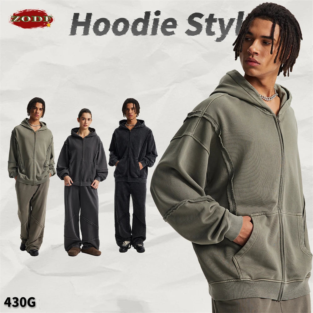 ZODF Retro Winter Man 430gsm Zipper Cotton Hoodies Unisex Heavy Weight Washed Loose Edge Zip-up Hooded Coats HY1125