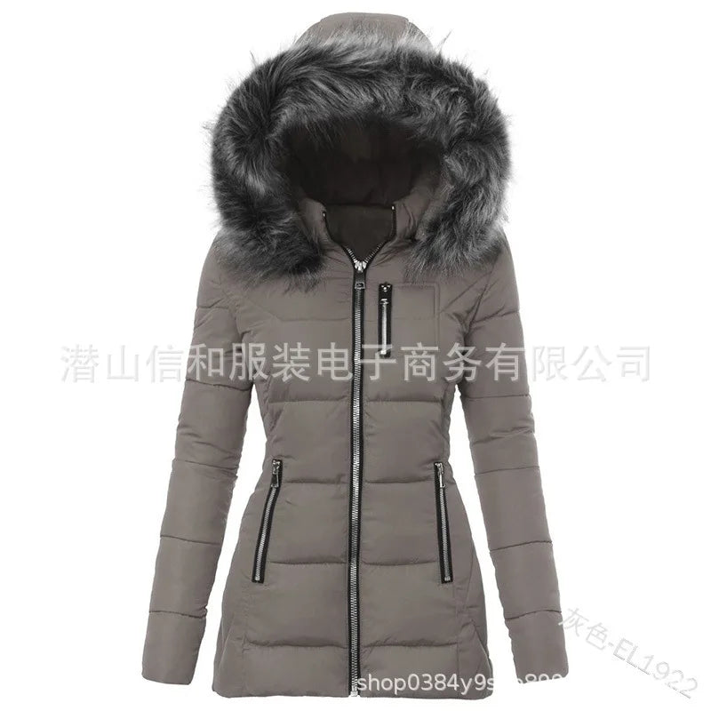 Women's Parkas Jacket Cotton Coat Winter Thick Fur Collar Hooded Windproof Padded Jackets Outerwear Zipper Overcoat Office Lady