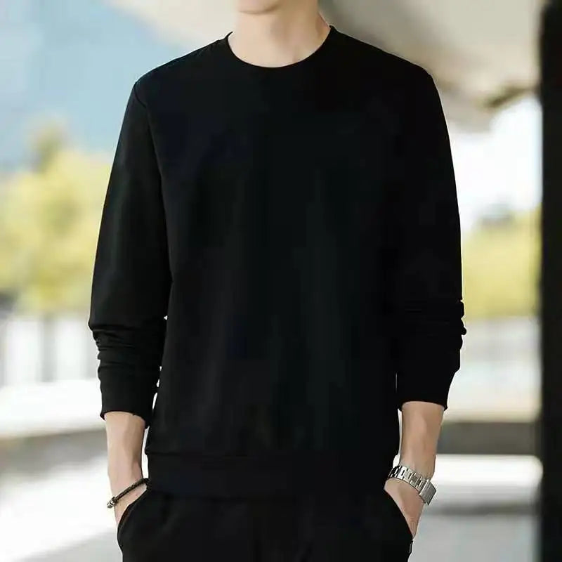 Men's Casual Loose Long Sleeve Shirt Spring Autumn O-Neck Solid Color Long Sleeve T-shirts New Male Clothes Black White