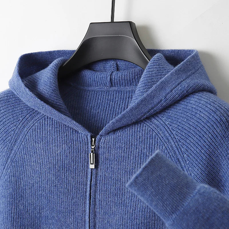 Men's 100% Merino Wool Hooded Zipper Cardigan - Autumn Winter Thick Knit Large Size Jacket Long Sleeved Sportswear Coat