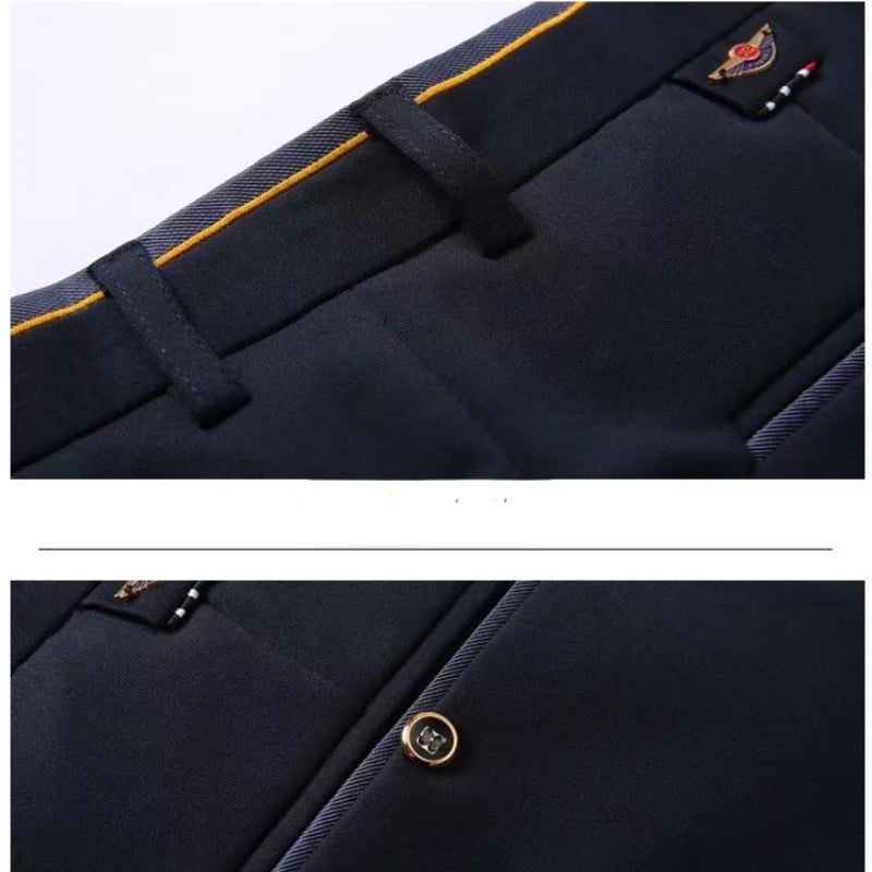 High Stretch Men's Dress Pants High Waist Elastic Formal Suit Pants Office Business Classic Casual Trousers Slim Fit Black Blue