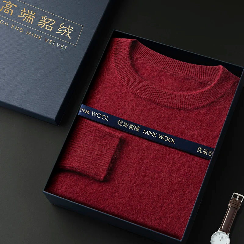 100% Pure Mink Cashmere Men's Round Neck Sweater for Autumn Winter, Casual Knitted Long Sleeved Pullover Sweater Men's Clothing