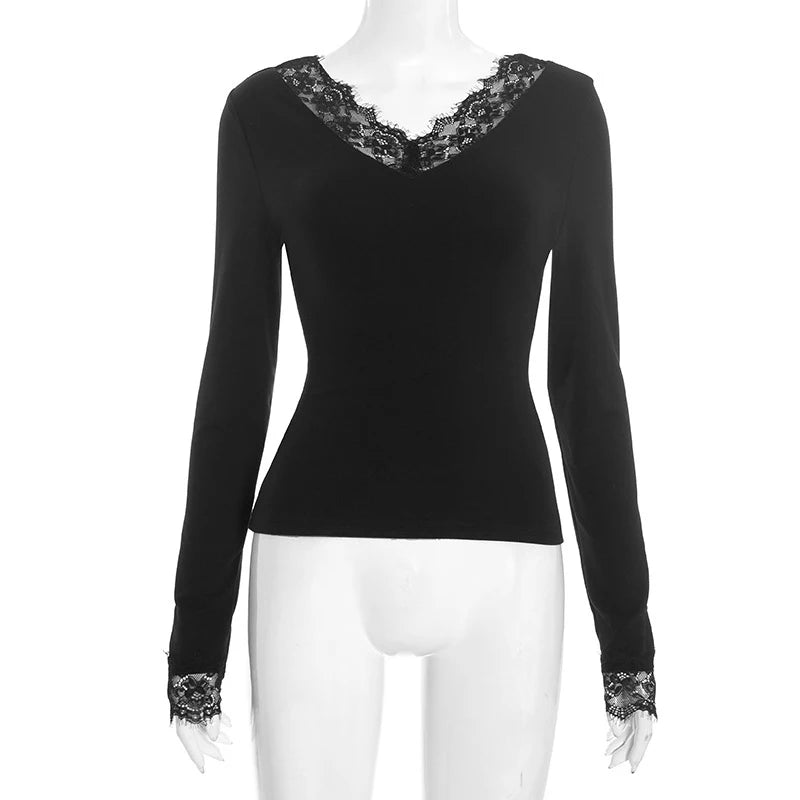 Tornova V Neck Lace T-Shirt Top for Women - Sexy Navel Exposed Pullover Fashion Splice Hot Girl Club Party Top - Autumn New Lady T-Shirt