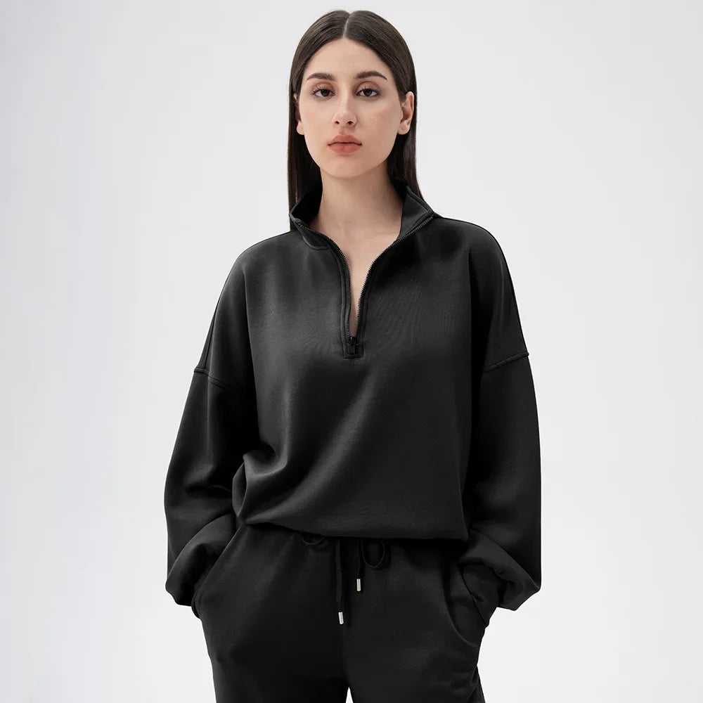 Women Autumn Winter Yoga Wear Sports Sweatshirt Modal Loose-Fit Casual Stand Collar Running Fitness Top & Pants Breathable Soft