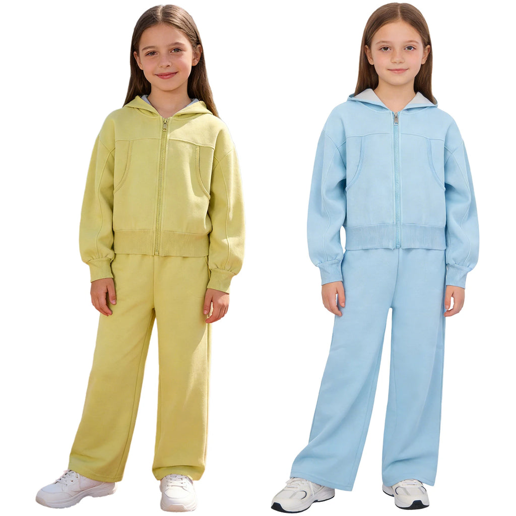 Children Girls Fashion Sports Set Long Sleeve Zipper Hooded Jacket with Pockets Wide-Leg Pants for Gym Workout Exercise Running