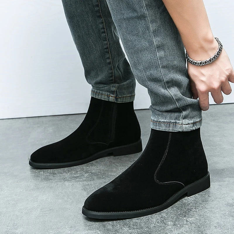 Winter Men Velvet Warm Chelsea Boots British High Top Cowboy Boots European and American Zipper Training Boots Men Sizes 38-46