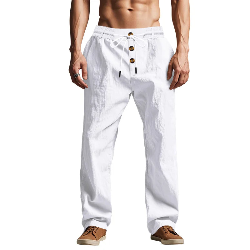 2026 Spring Autumn New American Casual Men's Beach Trendy Button Style Loose Skin-friendly Breathable Sports Linen Trousers