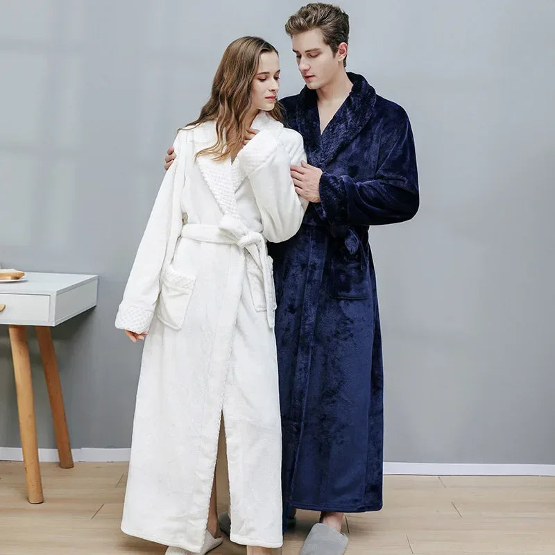 Women's Autumn and Winter Warm Long Coral Velvet Thick Couple Bathrobes for Men and Women - Pajamas and Shower Robes with Bath Towels for Adults