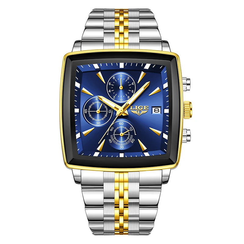 LIGE Top Brand Luxury Men's Watches Fashion Military Square Chronograph Quartz Wristwatches for Men Sports Waterproof Watch