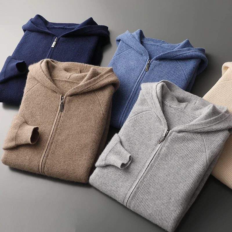 Men's 100% Merino Wool Hooded Zipper Cardigan - Autumn Winter Thick Knit Large Size Jacket Long Sleeved Sportswear Coat