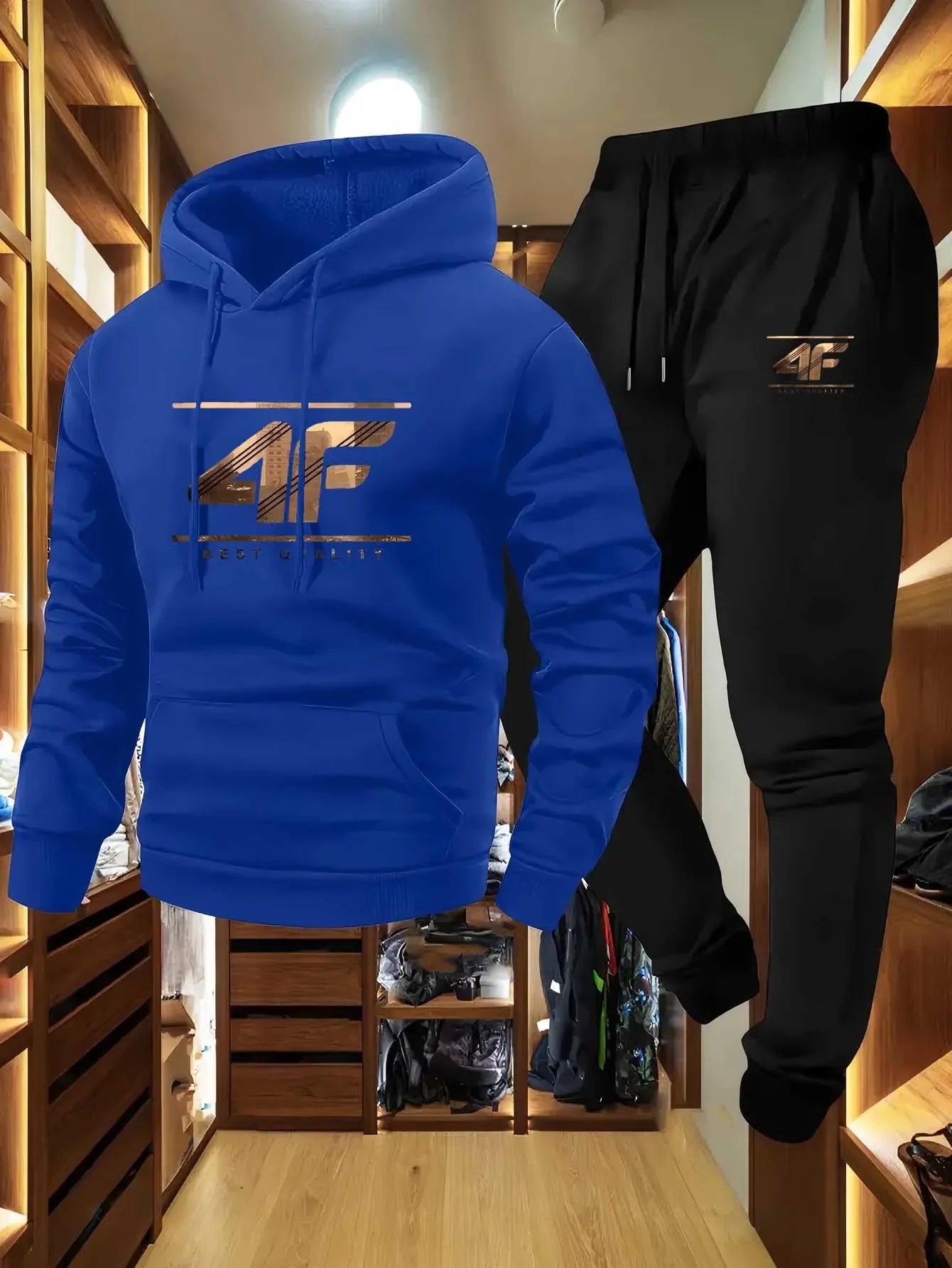 Men's Hoodie & Jogger Set with '4F' Print - Casual Sportswear Beige & Black Matching Tracksuit for Gym Lounge Outdoor