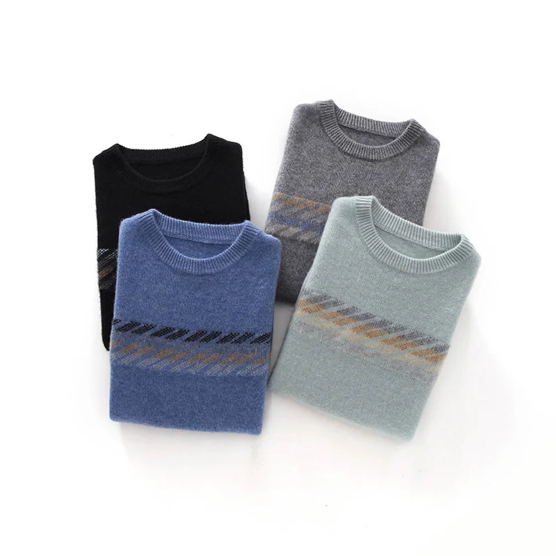 Autumn Winter New Round Neck 100% Cashmere Sweater for Men - Loose Thickened Casual Color Block Pullover Knitted Base Shirt