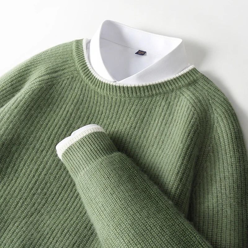 100% Pure Wool Men's Round Neck Thick Pullover Sweater - Youth Knitted Cashmere Sweater with Bottom