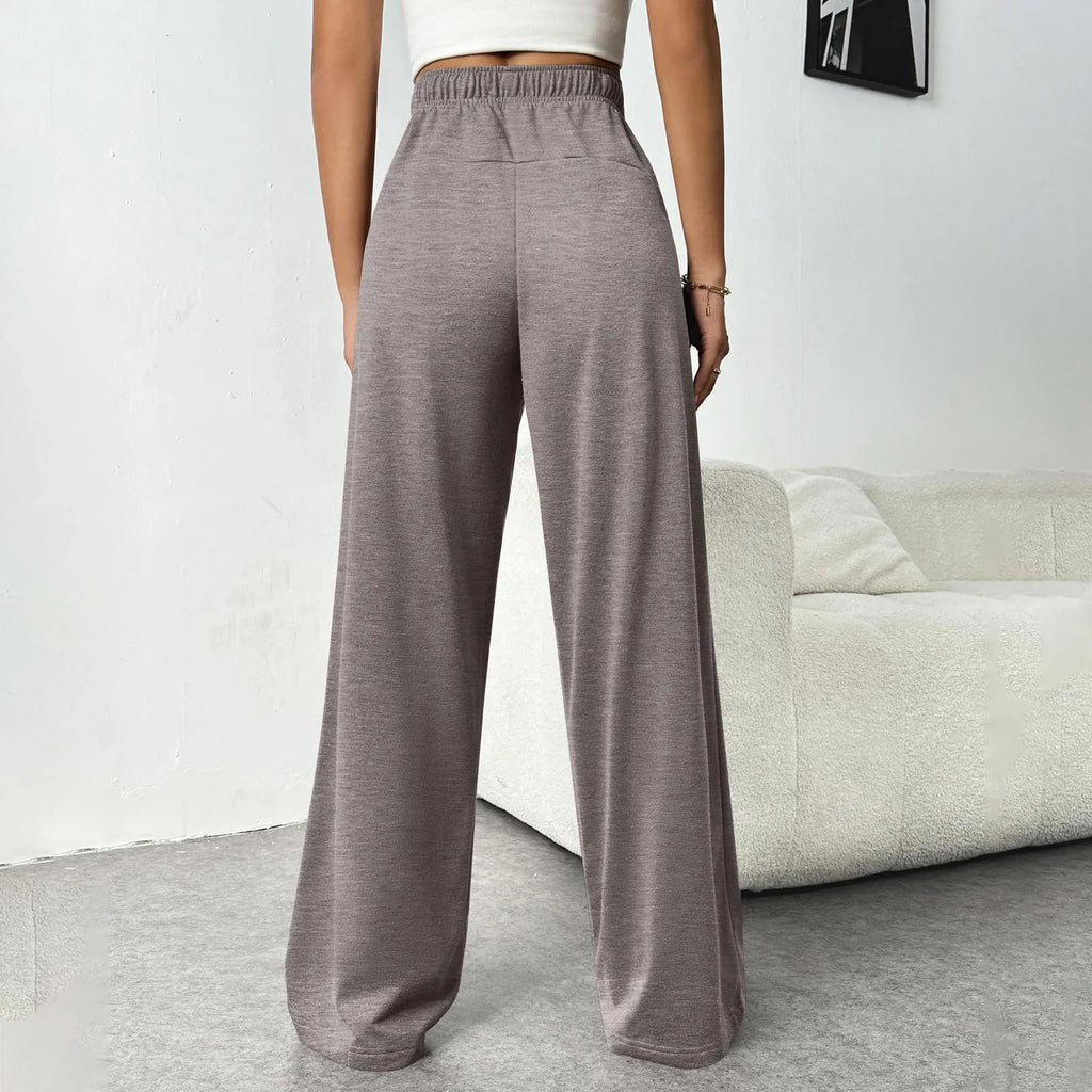 Women New Elastic Waist Pants with Side Pockets Fleece Lined Thick Wide Leg Sweatpants Pure Color Straight Cut