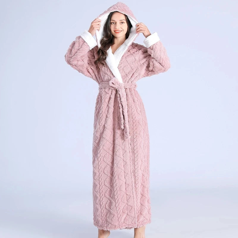 Loose Long Thick Hooded Winter Bathrobe for Women - Flannel Terry Comfortable Sleepwear