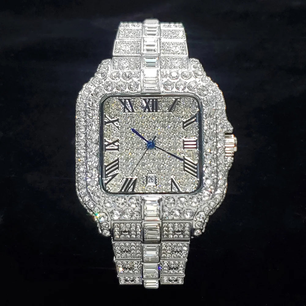 Luxurious Full Diamond Watch for Men Popular Rose Gold Iced Out Quartz Watches Fashion Hip Hop Jewelry Reloj Hombre Dropshipping