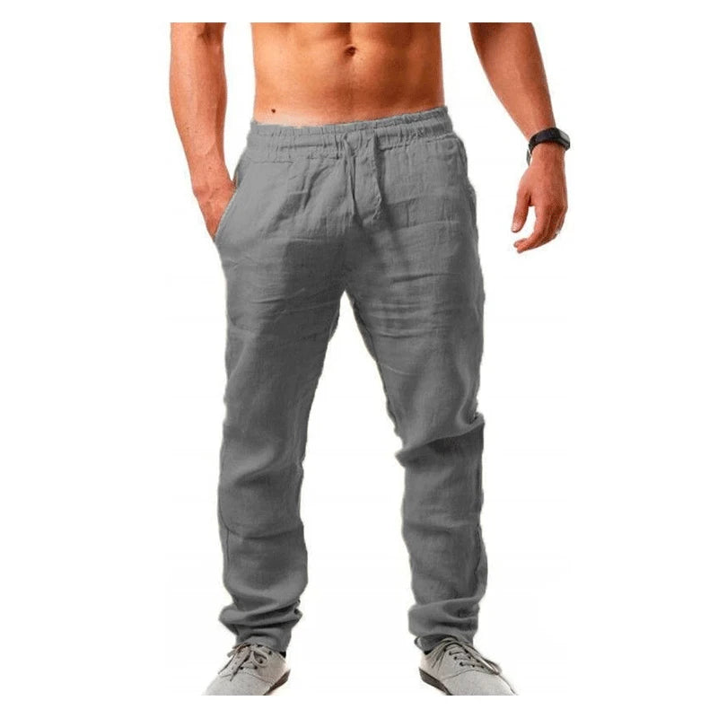 Men's Cotton Linen Pants Loose Cool Casual Long Pants Elastic Waist Lightweight Trousers