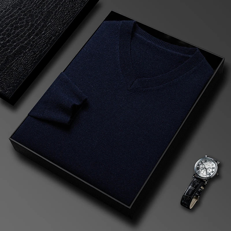 Men's V-Neck Basic Solid Color Sweatshirt Warm Autumn Knitted Oversize Pullover Elastic Round Neck Sweater for Casual Wear
