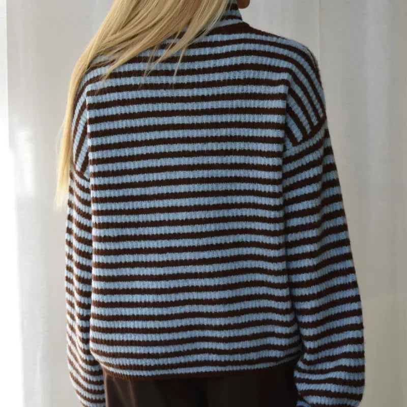 Women's Panelled Striped Zipper Knit Sweater Turtleneck Full Sleeve Coat 2026 Spring Autumn Female Casual Outings Daily Matching