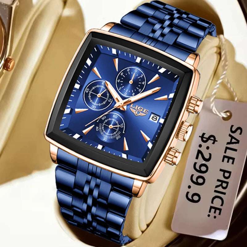 LIGE Top Brand Luxury Men's Watches Fashion Military Square Chronograph Quartz Wristwatches for Men Sports Waterproof Watch