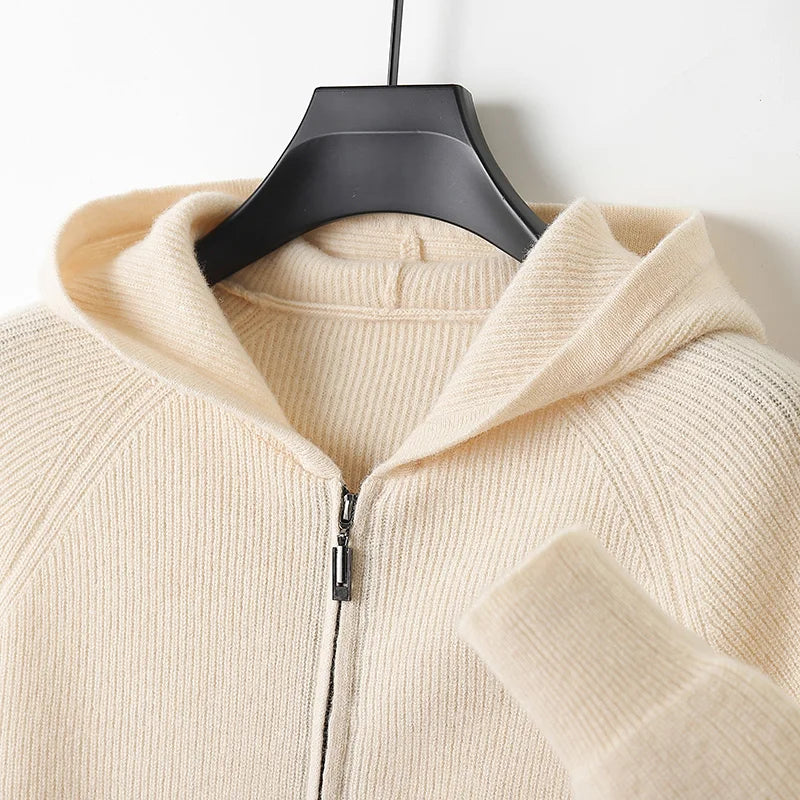 Men's 100% Merino Wool Hooded Zipper Cardigan - Autumn Winter Thick Knit Large Size Jacket Long Sleeved Sportswear Coat