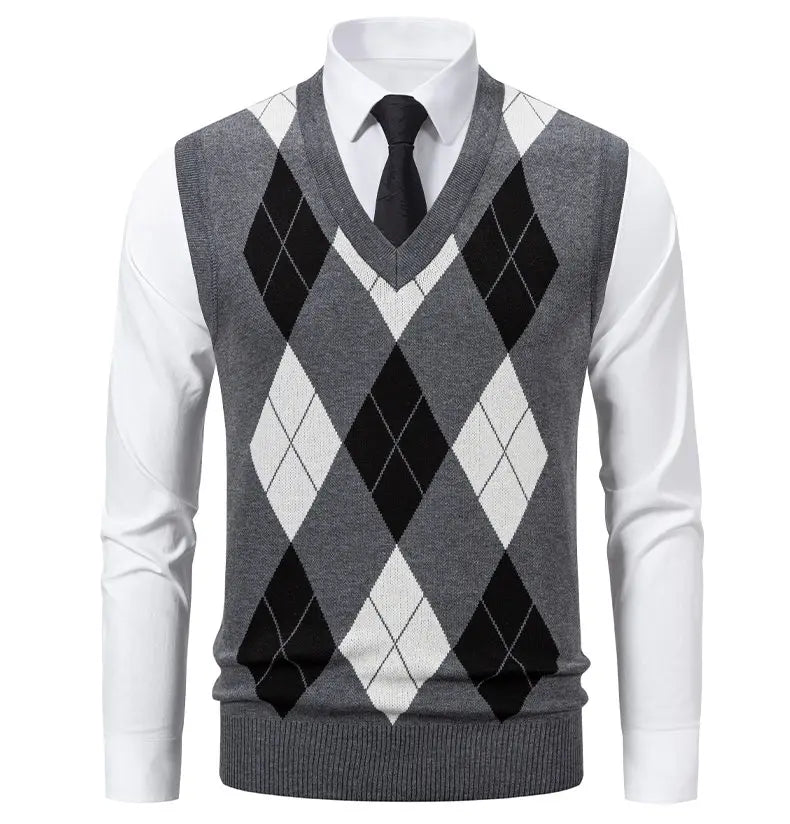 Men's Knit Vest Fashion Sweater Vest Argyle Pattern Waistcoat Fleece Lined Warm Vests