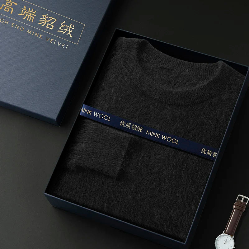 100% Pure Mink Cashmere Men's Round Neck Sweater for Autumn Winter, Casual Knitted Long Sleeved Pullover Sweater Men's Clothing