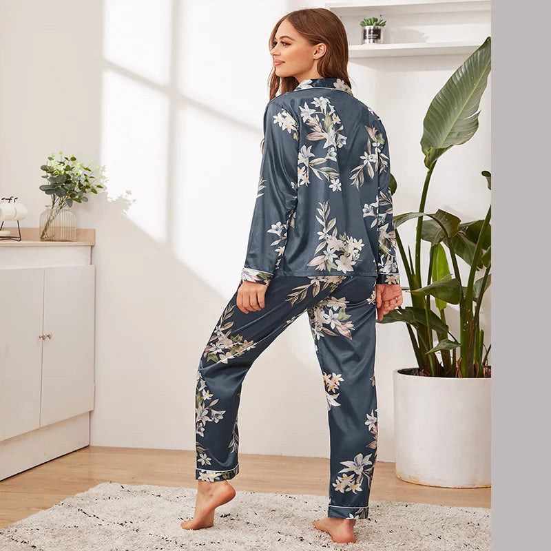 Spring Autumn Pajama Women Silk Satin Pajamas Set Long Sleeve Shirt with Trouser Sleepwear Loungewear Female Pajamas Suits Mujer