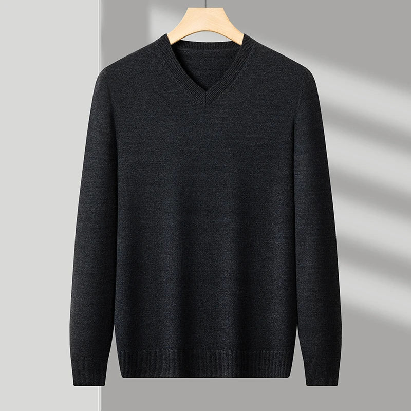 Men's V-Neck Basic Solid Color Sweatshirt Warm Autumn Knitted Oversize Pullover Elastic Round Neck Sweater for Casual Wear