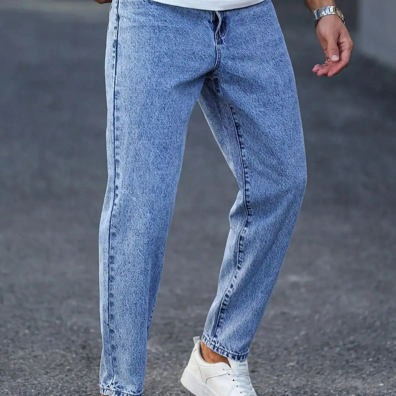 Men's Light Blue Washed Denim Trousers - Slim Fit and Casual