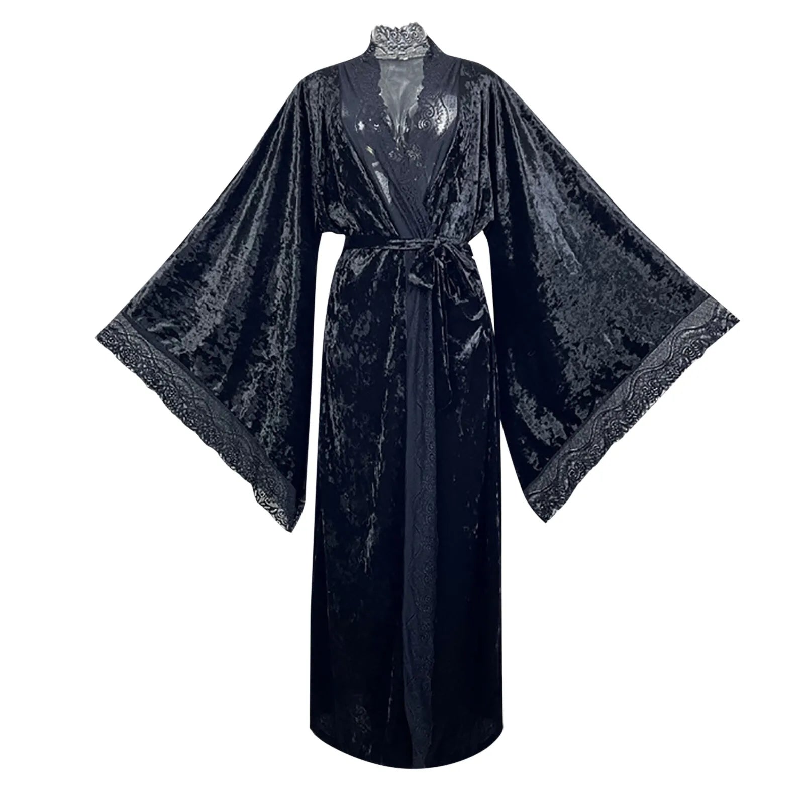 Women's Lace Velvet Bathrobe Breathable Nightgown Kimono Home Clothes Flare Sleeve Night Long Robe Female Sleepwear Homewear