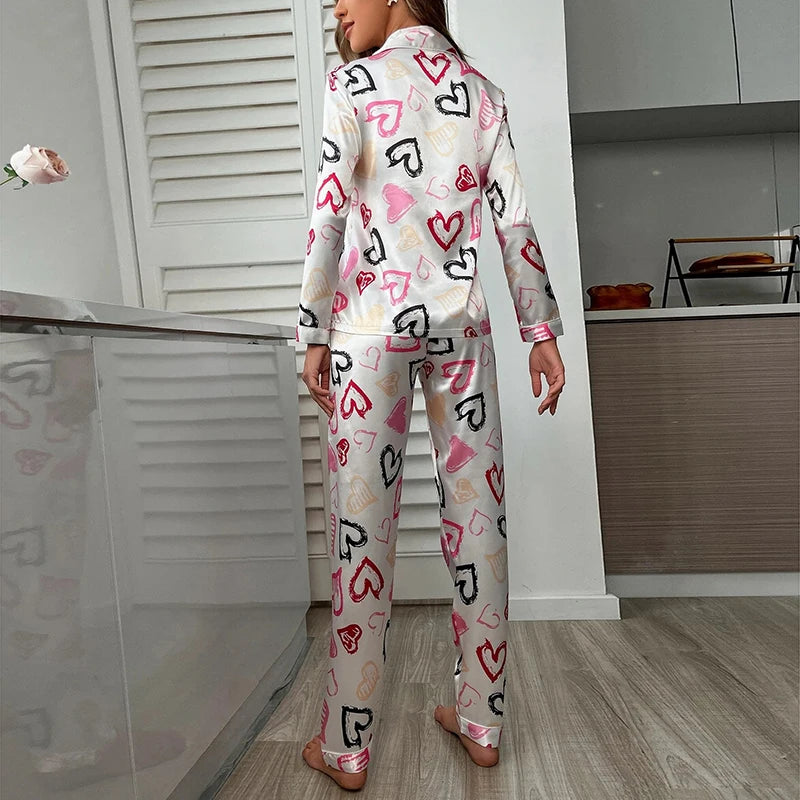 Spring Autumn Pajama Women Silk Satin Pajamas Set Long Sleeve Shirt with Trouser Sleepwear Loungewear Female Pajamas Suits Mujer