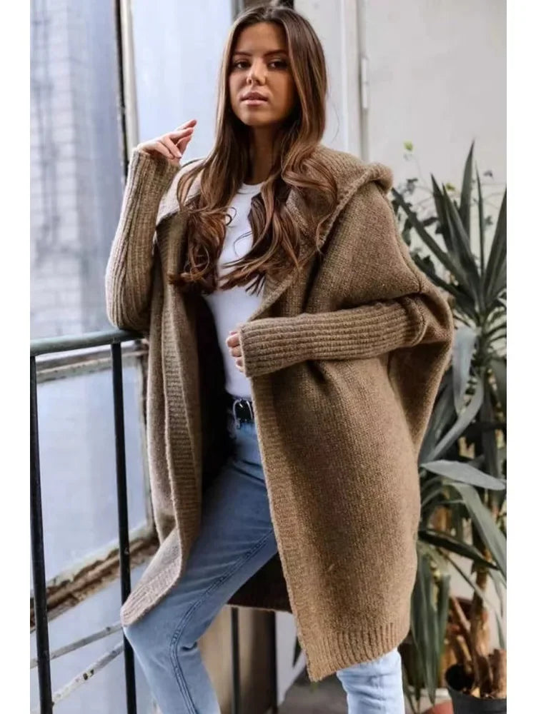 2024 Autumn Winter Cozy Chic Hooded Cardigan Women's Casual Knit Sweater Coat Elegant Batwing Sleeve Pocket Long Jacket Jumpers