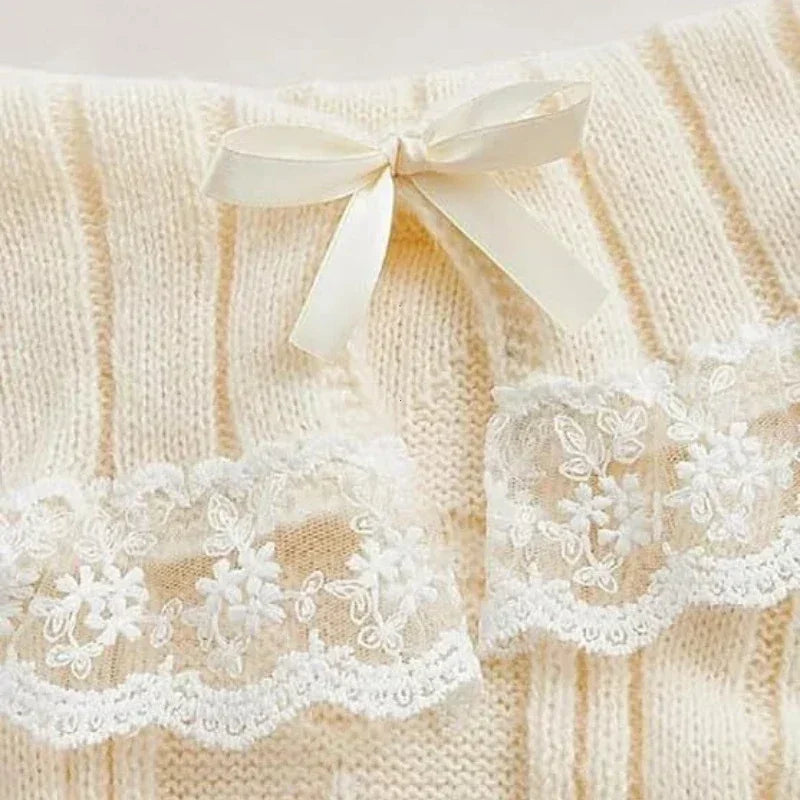 Women's Off Shoulder Knit Sweater Pink Pullover Sweet Long Sleeve Bow Lace Patchwork Jumpers Y2K Streetwear