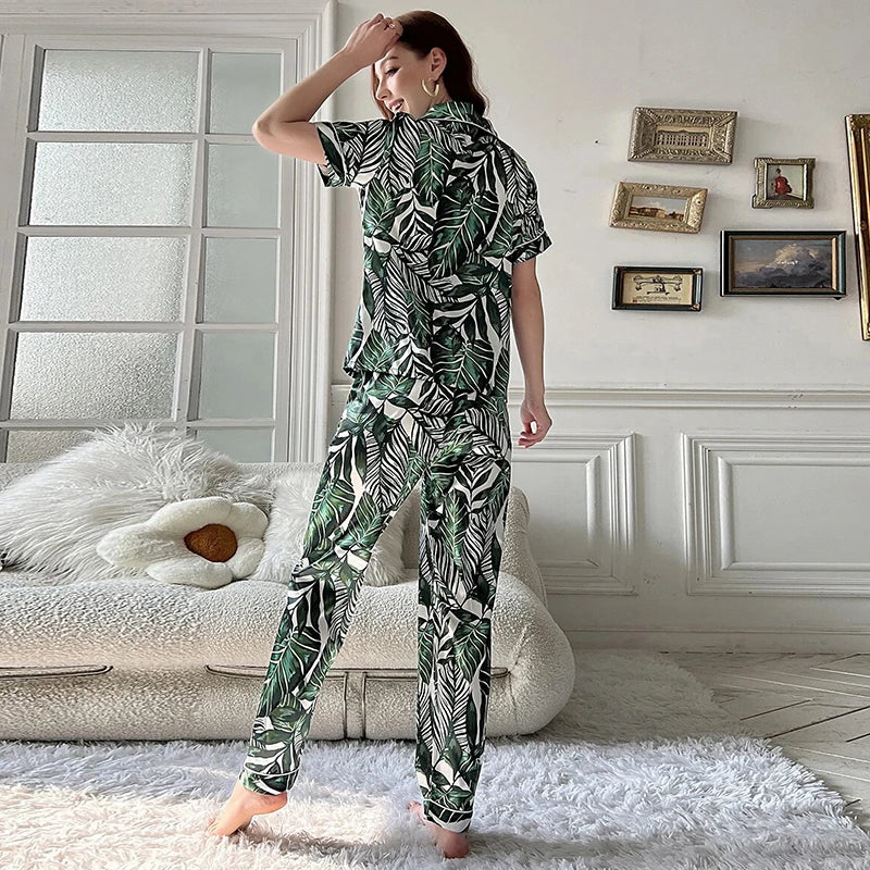 Spring Autumn Pajama Women Silk Satin Pajamas Set Long Sleeve Shirt with Trouser Sleepwear Loungewear Female Pajamas Suits Mujer