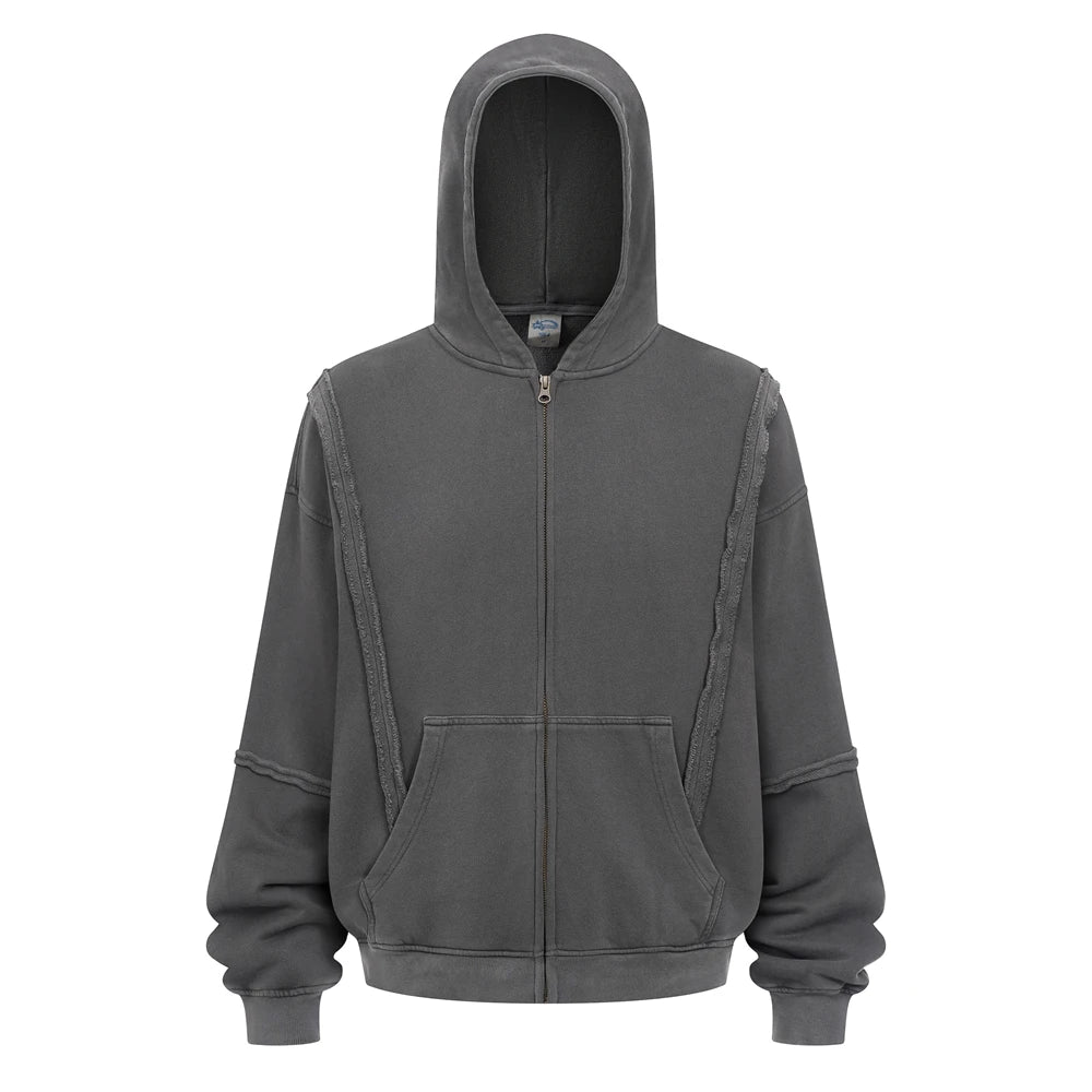 ZODF Retro Winter Man 430gsm Zipper Cotton Hoodies Unisex Heavy Weight Washed Loose Edge Zip-up Hooded Coats HY1125