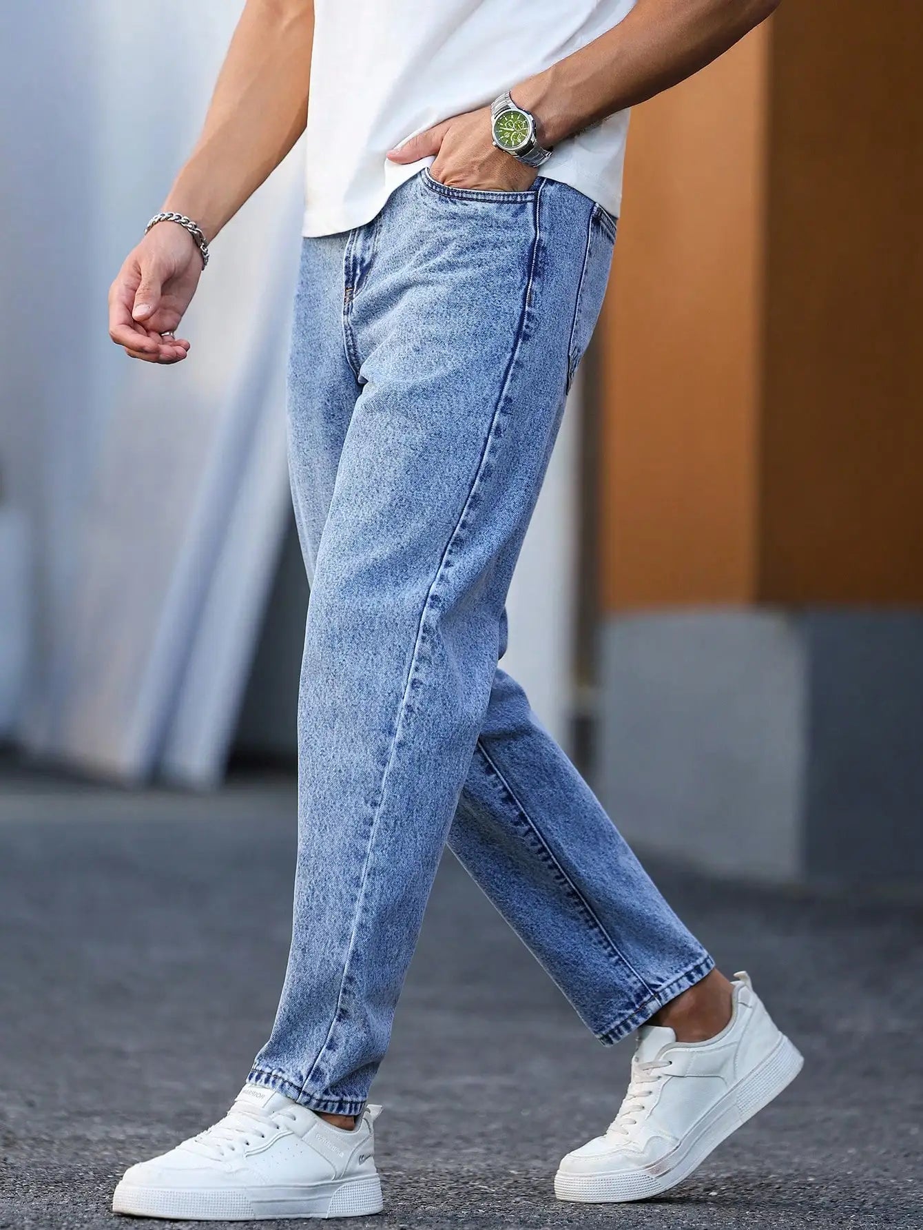 Men's Light Blue Washed Denim Trousers - Slim Fit and Casual