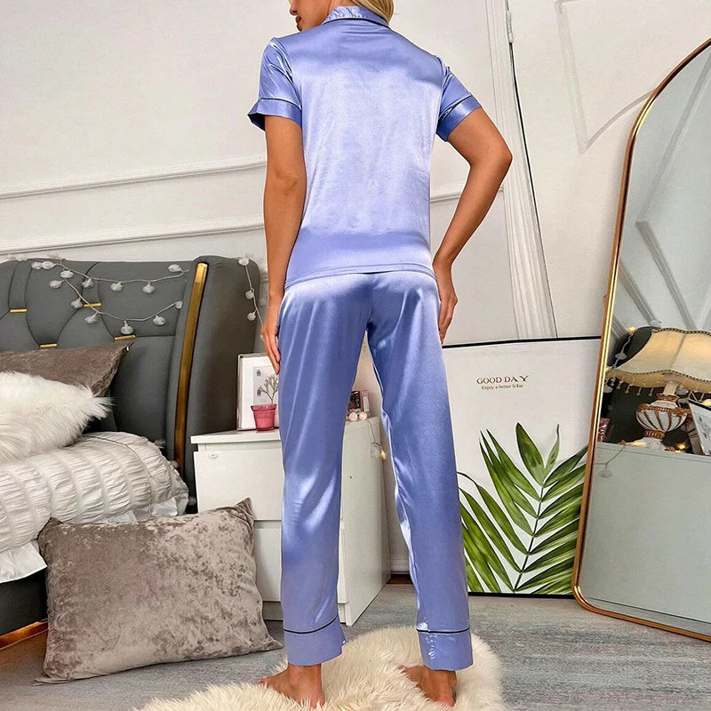 Spring Autumn Pajama Women Silk Satin Pajamas Set Long Sleeve Shirt with Trouser Sleepwear Loungewear Female Pajamas Suits Mujer