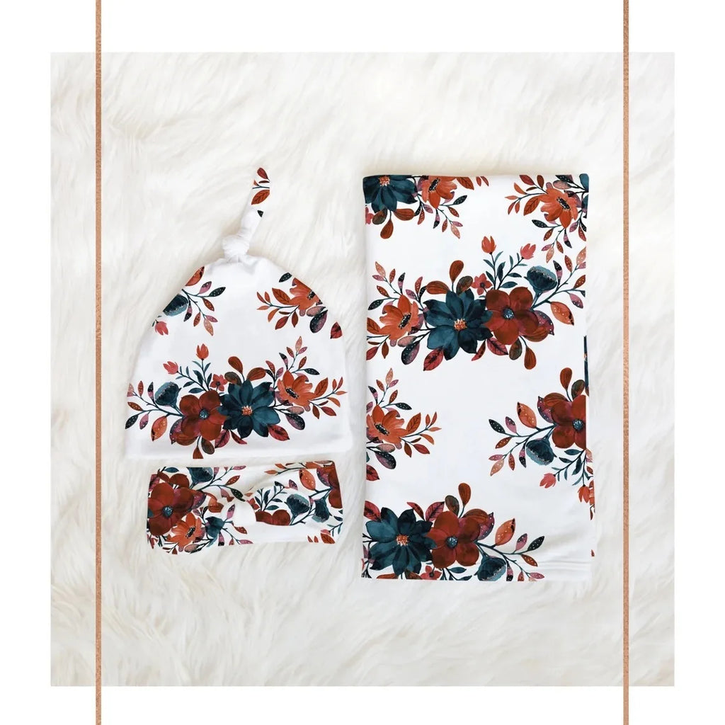 3pc Set Baby Swaddle Wrap for Newborns with Floral Headband