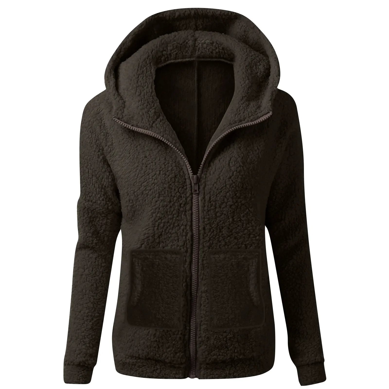 Women's Fashion Solid Color Sweatshirt Loose Hooded Plush Zip Up Jacket Top