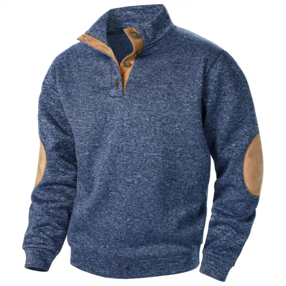 Men's Autumn Sweatshirt Patchwork Contrast Color Hoodies Stand Collar Button Down Vintage Pullovers