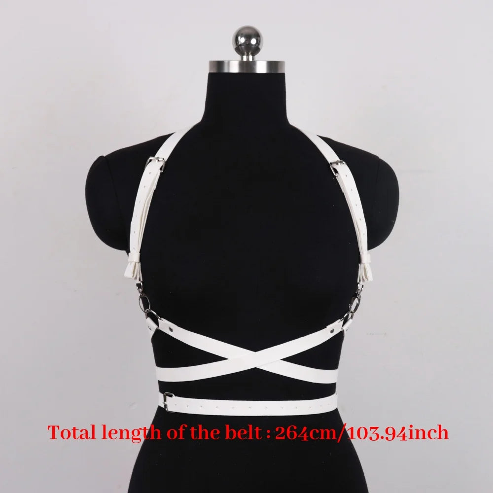 Edgy E-Girl Black/White Harness Belt Multi-Ring Metal Buckle Techwear Statement Belt for Party Styling