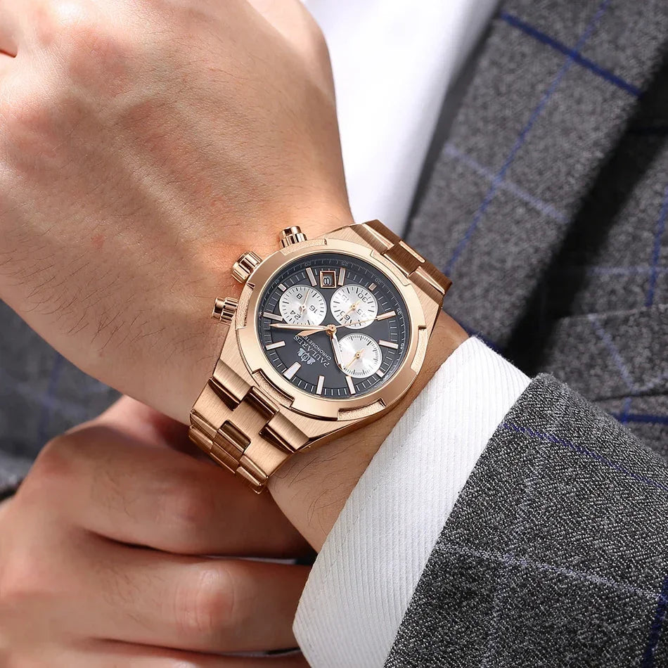 Luxury Watch for Men Chronograph Luminous Rose Gold Silver Blue Fashion Quartz Overseas Stainless Steel Watch for Men Cheap