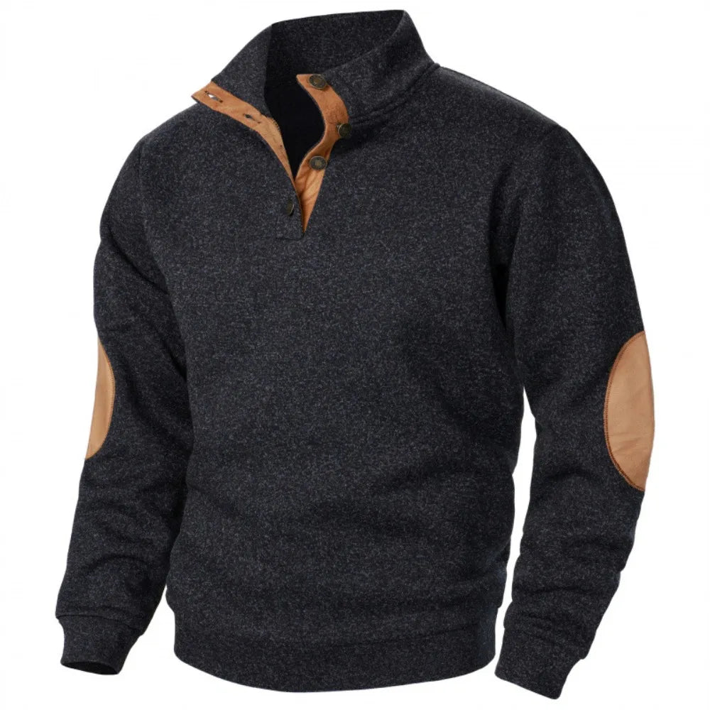 Men's Autumn Sweatshirt Patchwork Contrast Color Hoodies Stand Collar Button Down Vintage Pullovers
