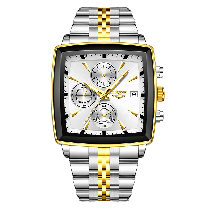 LIGE Top Brand Luxury Men's Watches Fashion Military Square Chronograph Quartz Wristwatches for Men Sports Waterproof Watch