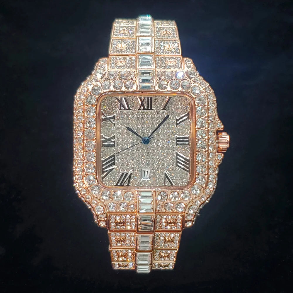 Luxurious Full Diamond Watch for Men Popular Rose Gold Iced Out Quartz Watches Fashion Hip Hop Jewelry Reloj Hombre Dropshipping