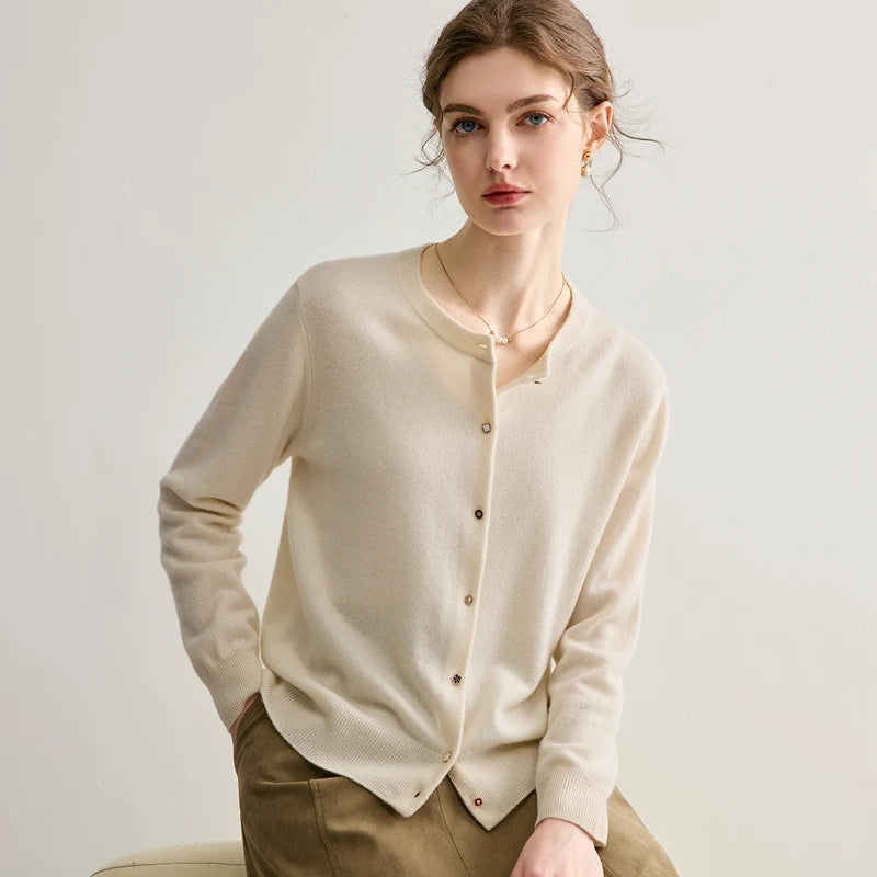 High-quality 100% Pure Cashmere Women's Cardigan Casual Knitted Sweater Loose Round Neck Tops Thickened Basic Pull Jumper
