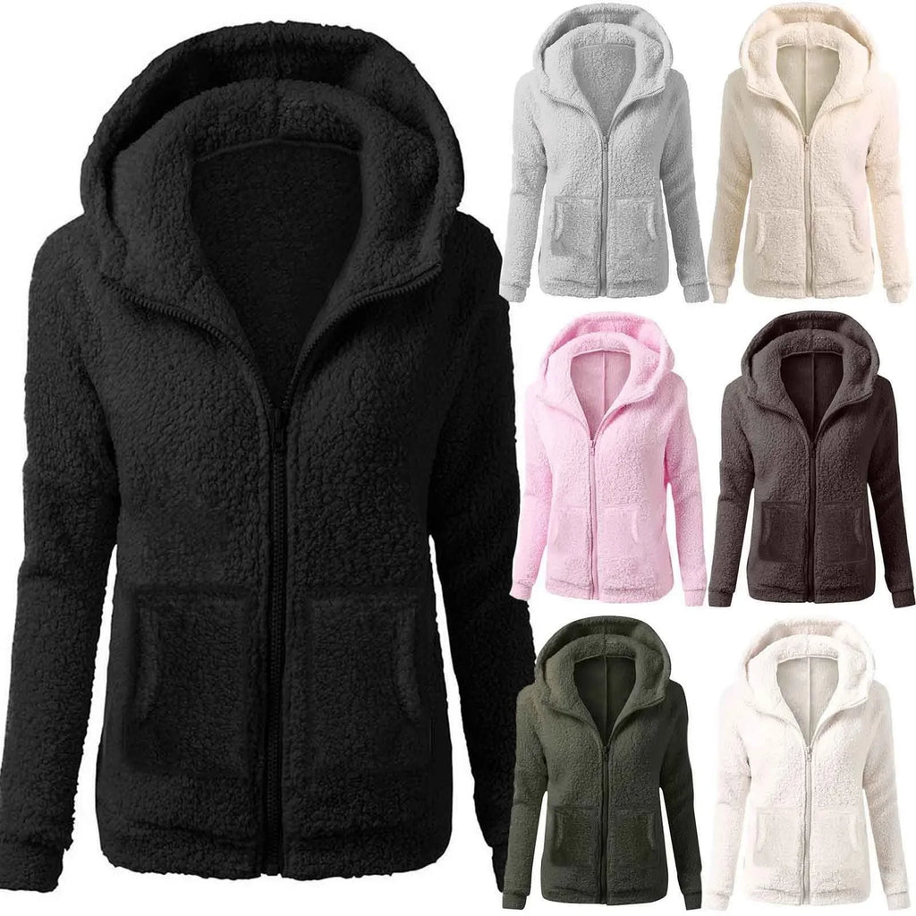 Women's Fashion Solid Color Sweatshirt Loose Hooded Plush Zip Up Jacket Top