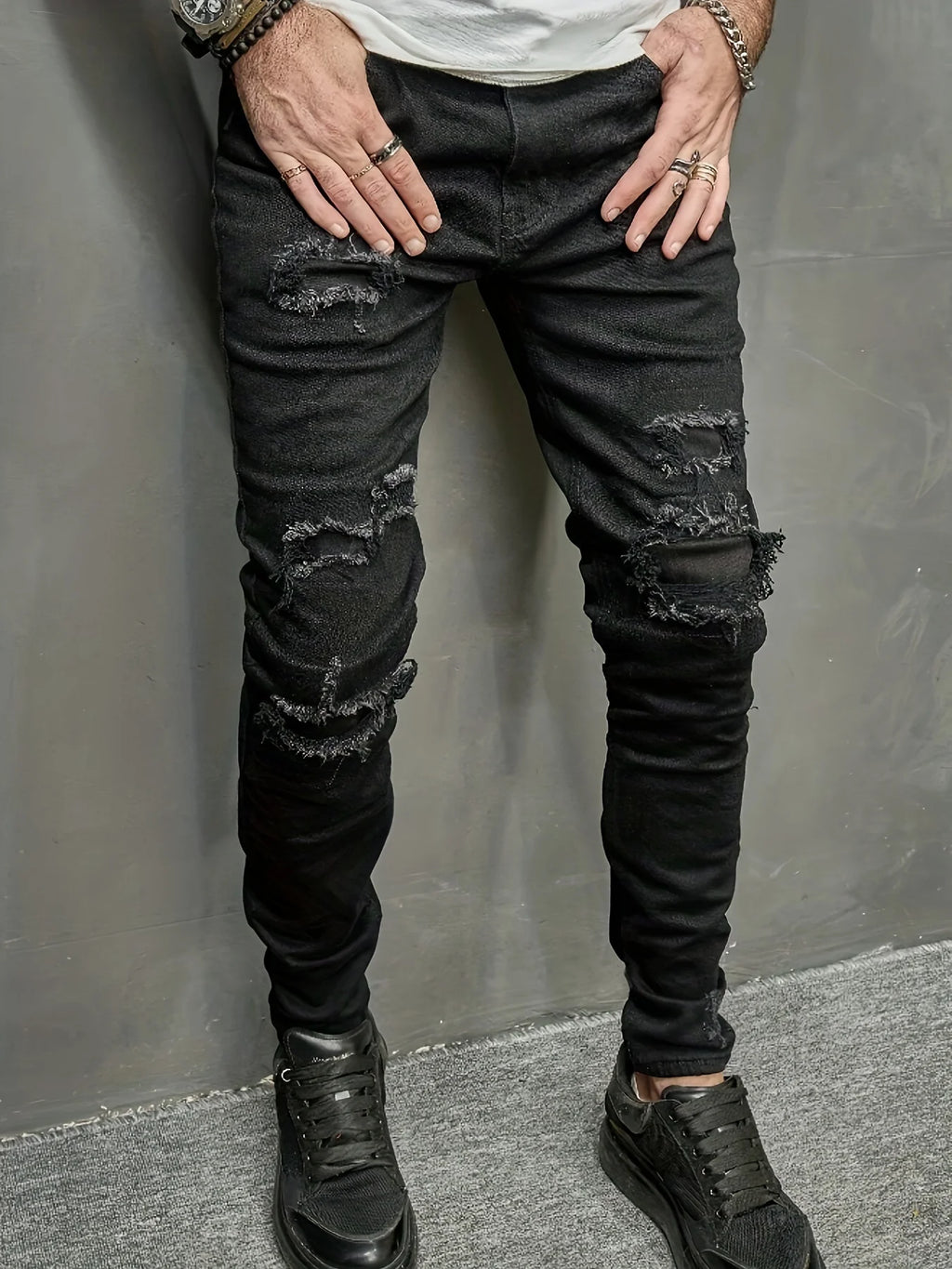 Men's Slim Fit Jeans with Torn Holes and Fabric Patch